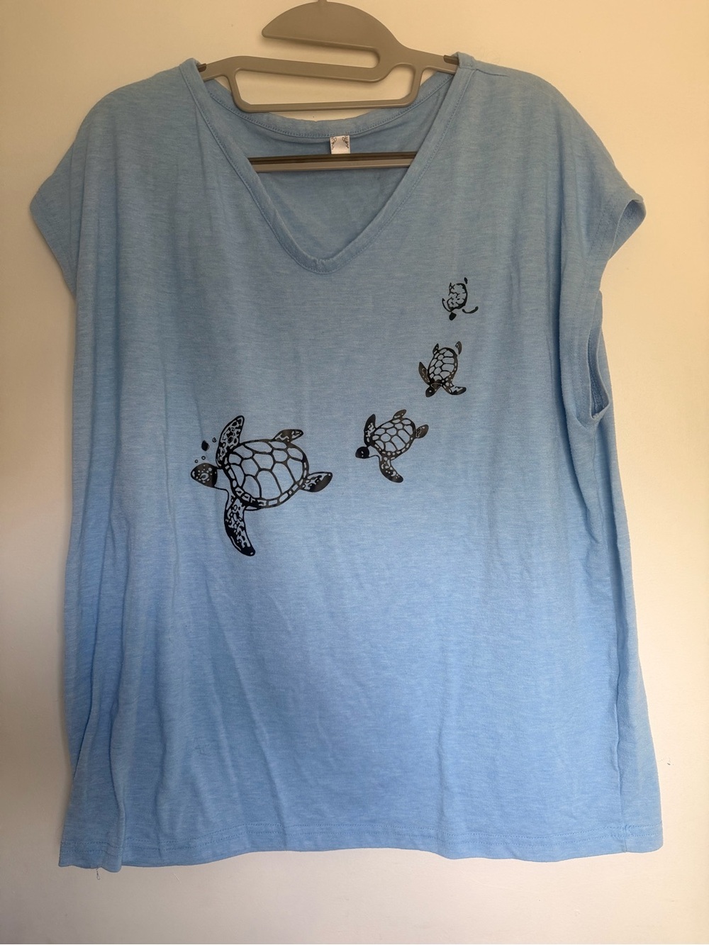 Light Blue V-Neck Tee with Turtle Print